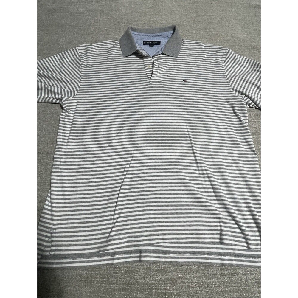 Tommy Hilfiger Polo Shirt Men’s XL Gray White Stripes Cotton Collard